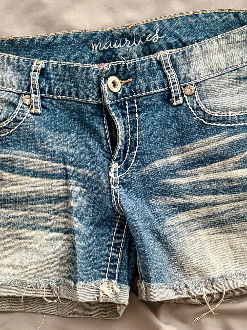 Maurices Faded Blue Denim Shorts with Floral Waistband Accent